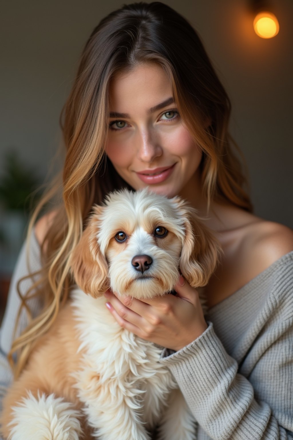 feminine woman posing with a cute pet