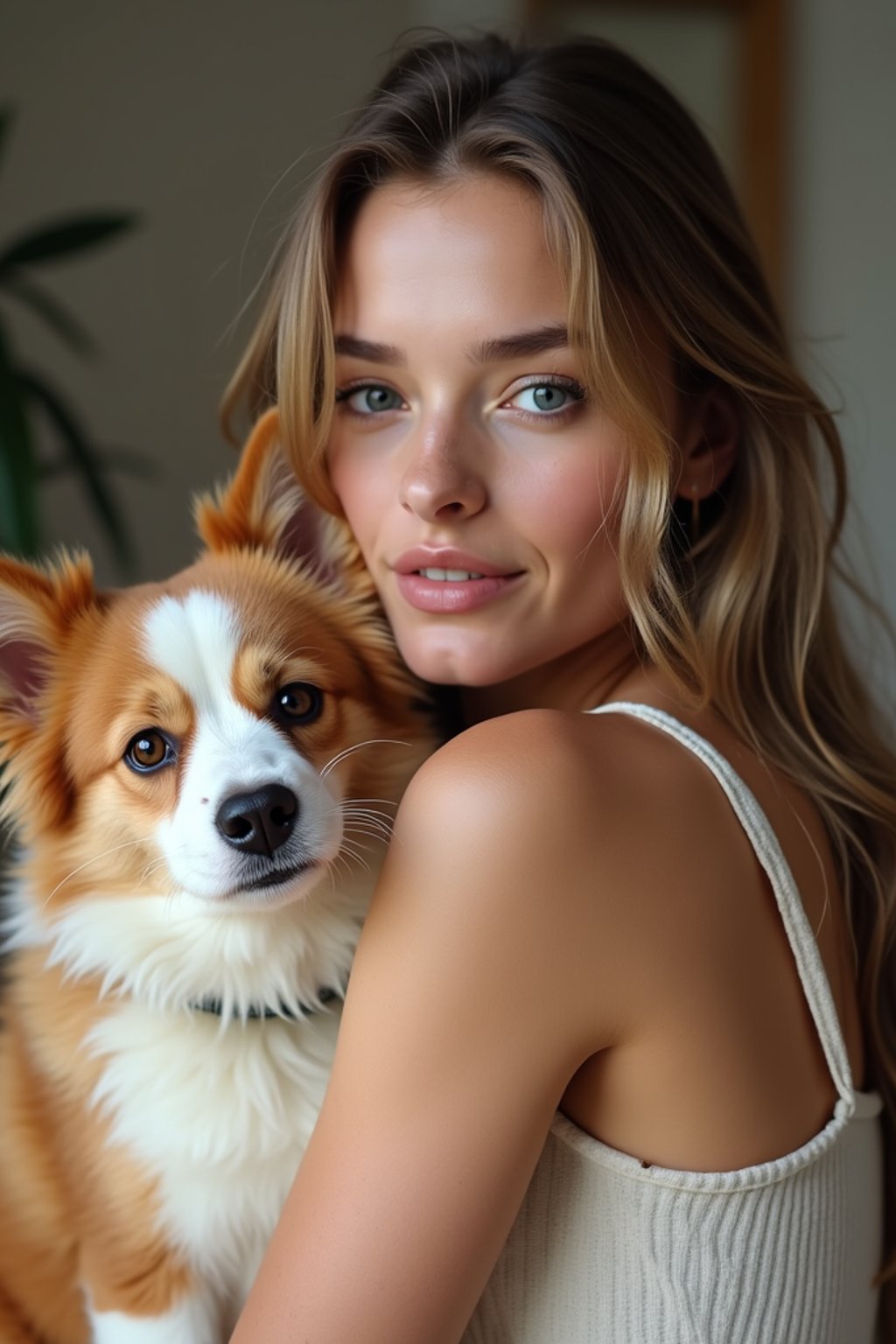 feminine woman posing with a cute pet