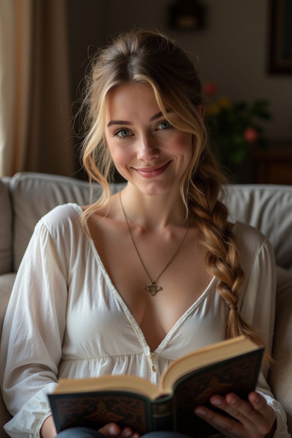 feminine woman reading a book in a cozy home environment