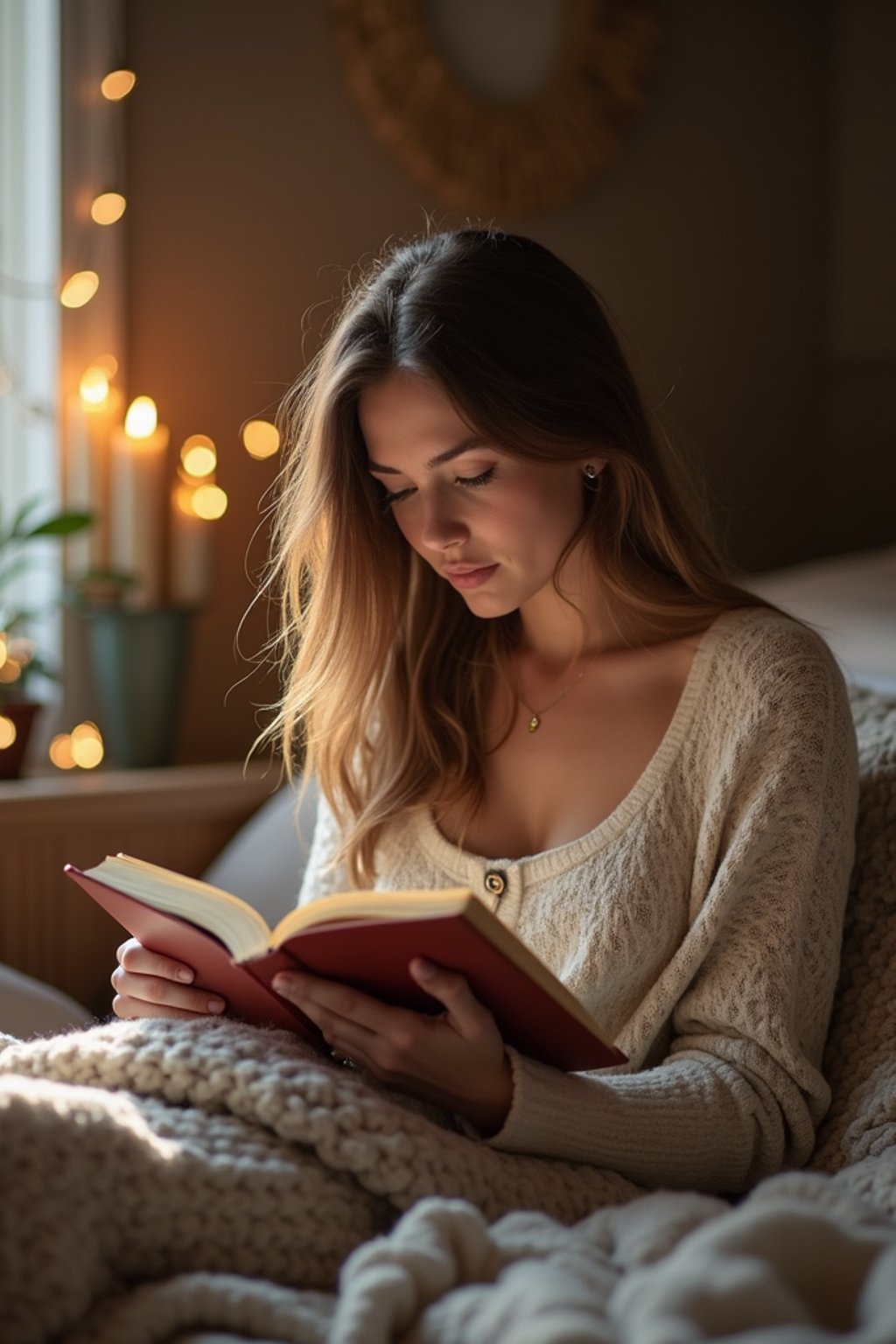 feminine woman reading a book in a cozy home environment