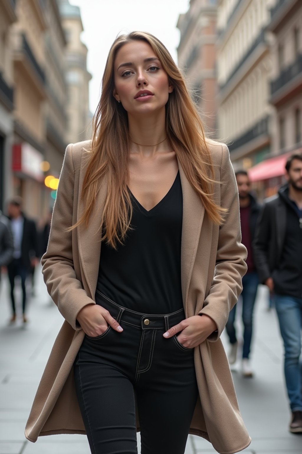 feminine woman taking a casual stroll through a cityscape