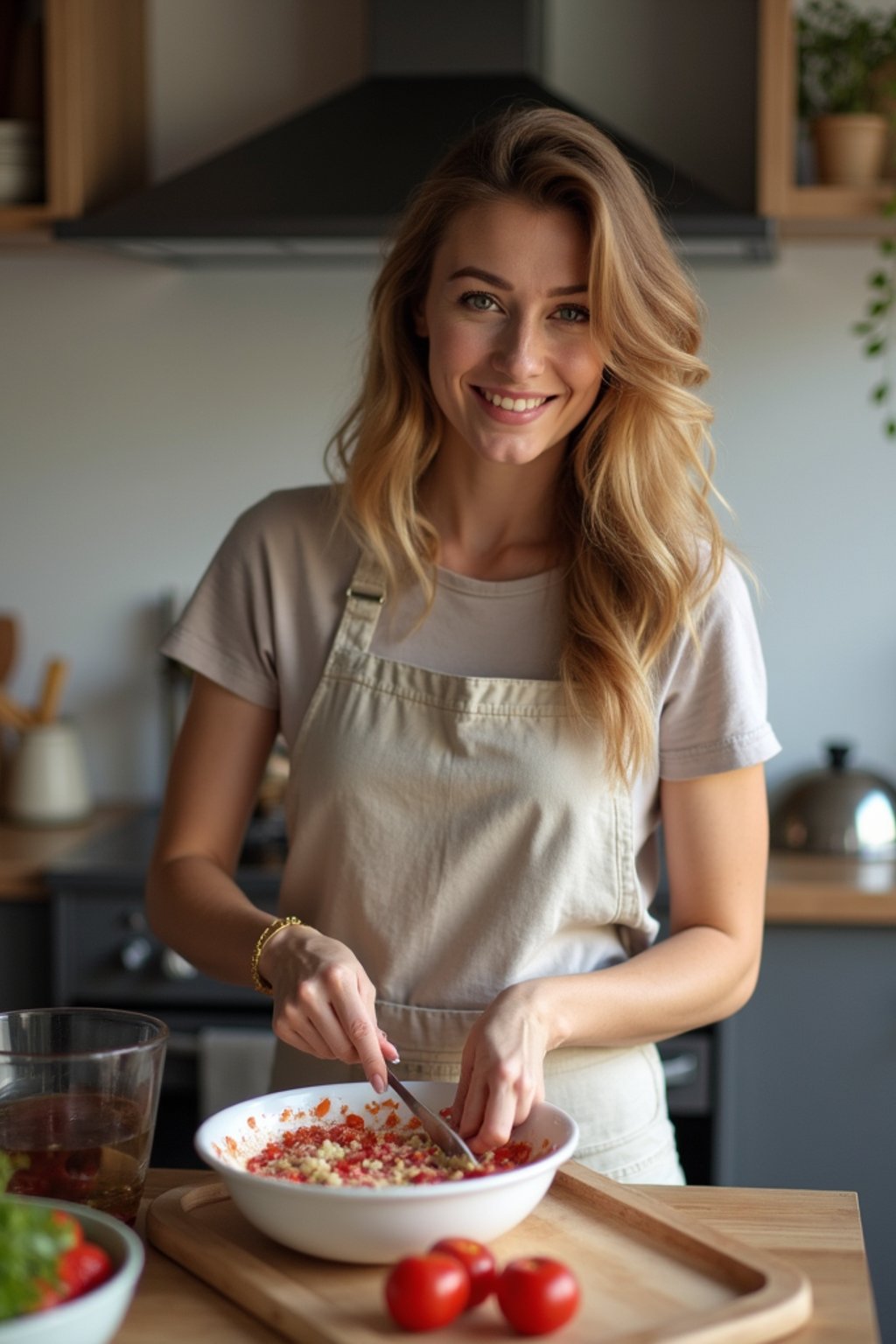 feminine woman cooking or baking in a modern kitchen