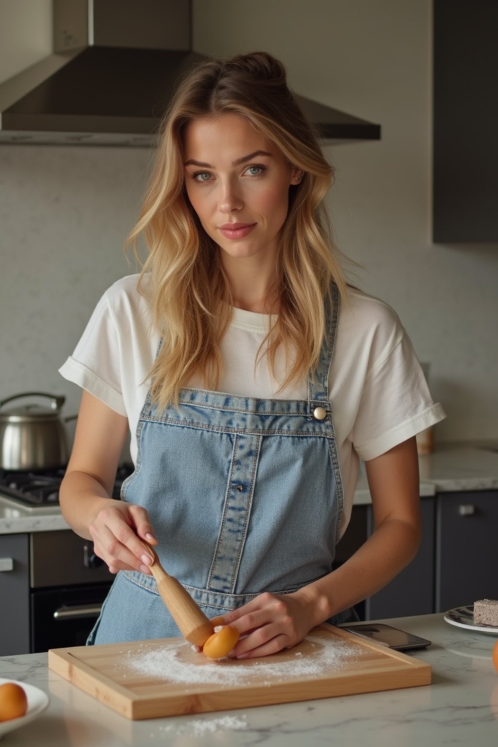 feminine woman cooking or baking in a modern kitchen