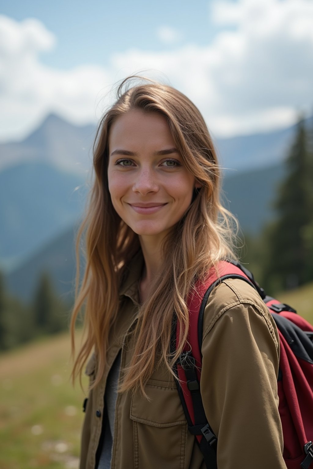 feminine woman in going hiking outdoors in mountains