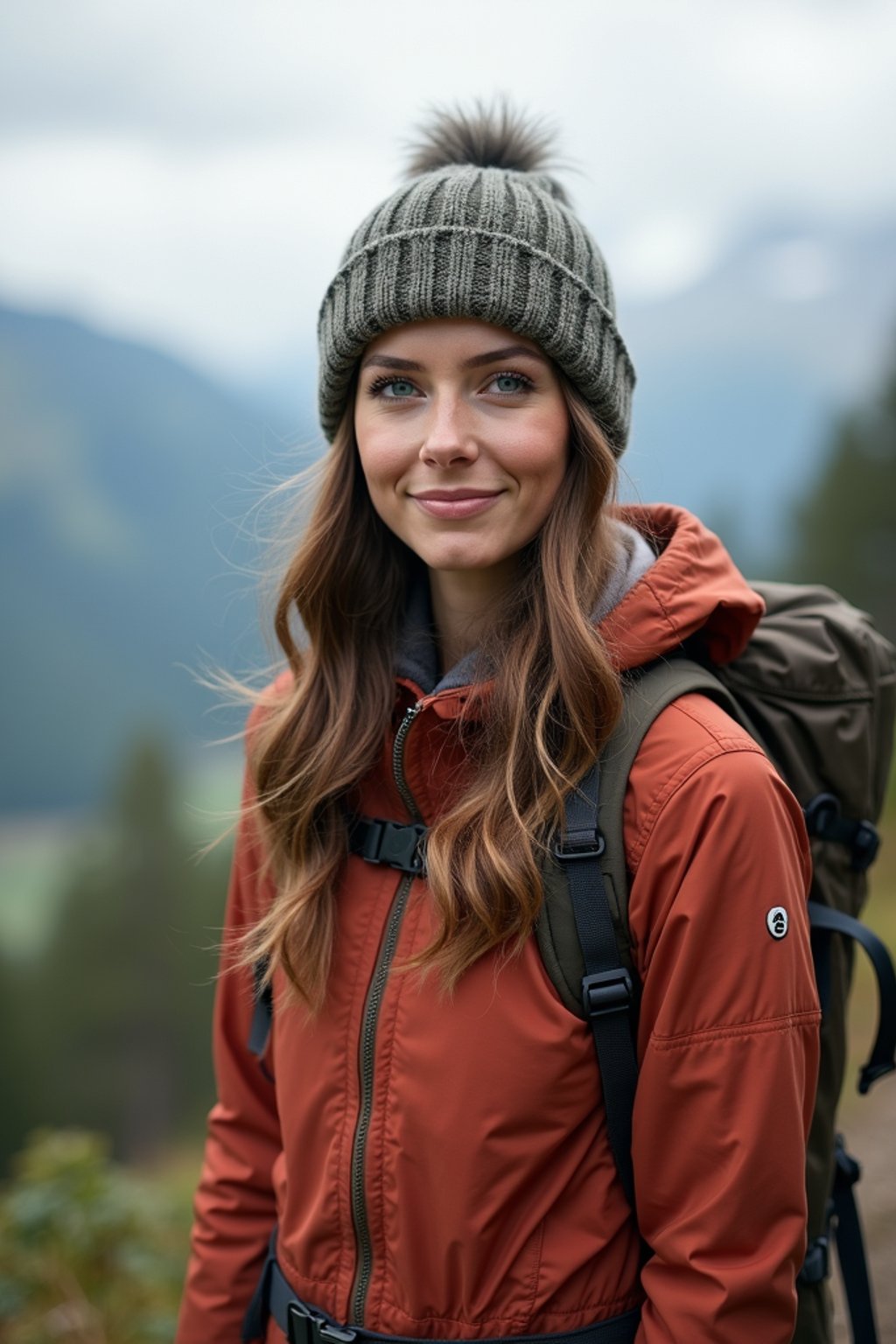 feminine woman in going hiking outdoors in mountains