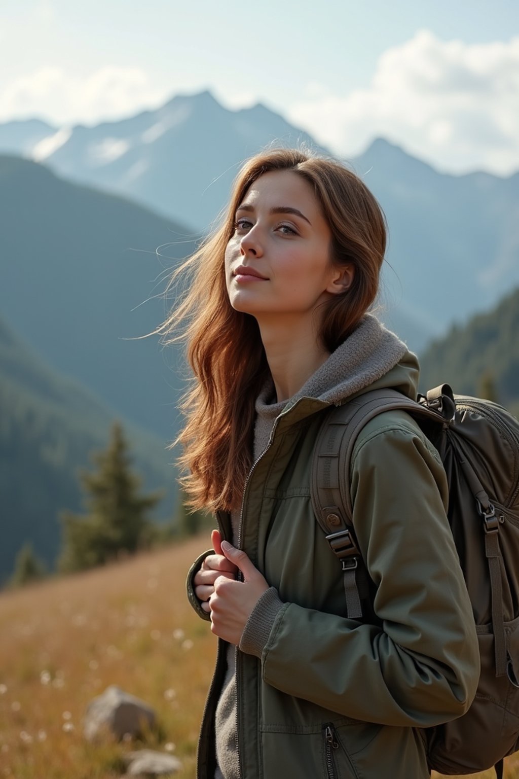 feminine woman in going hiking outdoors in mountains