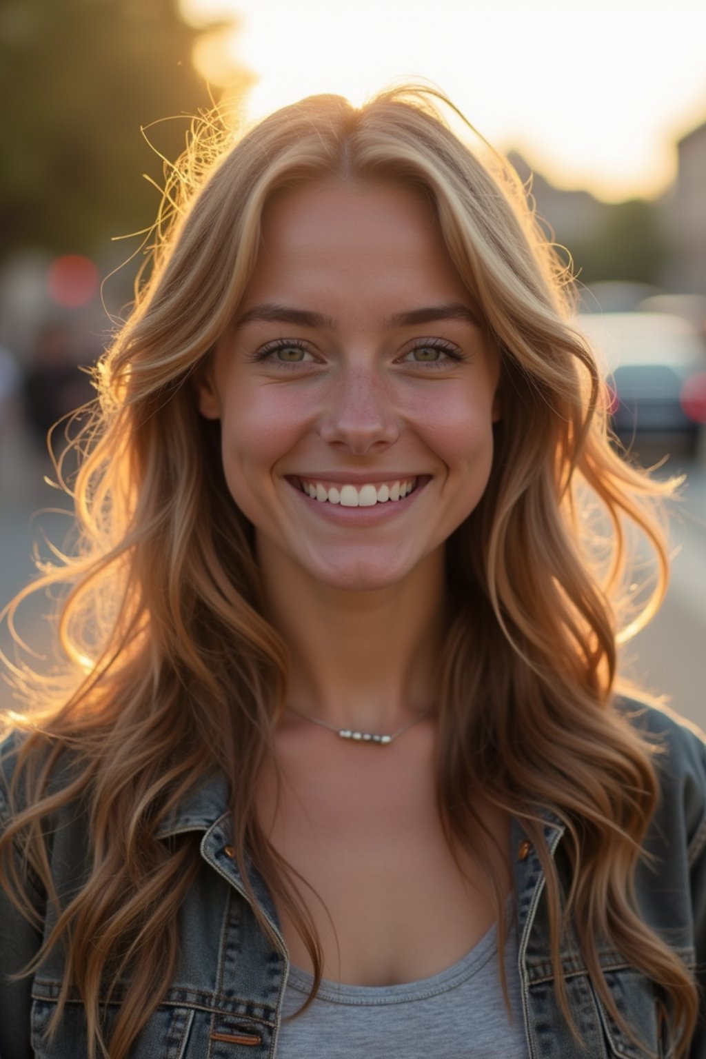 headshot of smiling woman wearing casual clothes posing for dating app headshot. outdoor blurry background. the lighting is warm, possibly from a setting sun, creating a soft glow around him, enhancing the casual and relaxed vibe of the image. the setting seems to be outdoors, likely in an urban environment, with the blurred background hinting at a street or park-like area. this image likely portrays a youthful, active, and approachable individual, possibly in a lifestyle or fashion-related context.