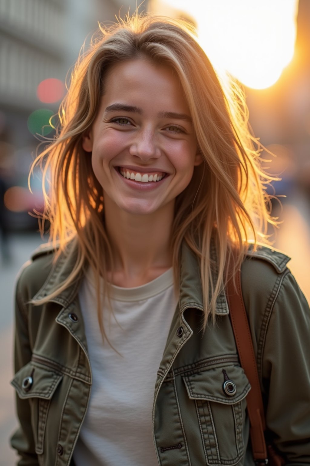 headshot of smiling woman wearing casual clothes posing for dating app headshot. outdoor blurry background. the lighting is warm, possibly from a setting sun, creating a soft glow around him, enhancing the casual and relaxed vibe of the image. the setting seems to be outdoors, likely in an urban environment, with the blurred background hinting at a street or park-like area. this image likely portrays a youthful, active, and approachable individual, possibly in a lifestyle or fashion-related context.