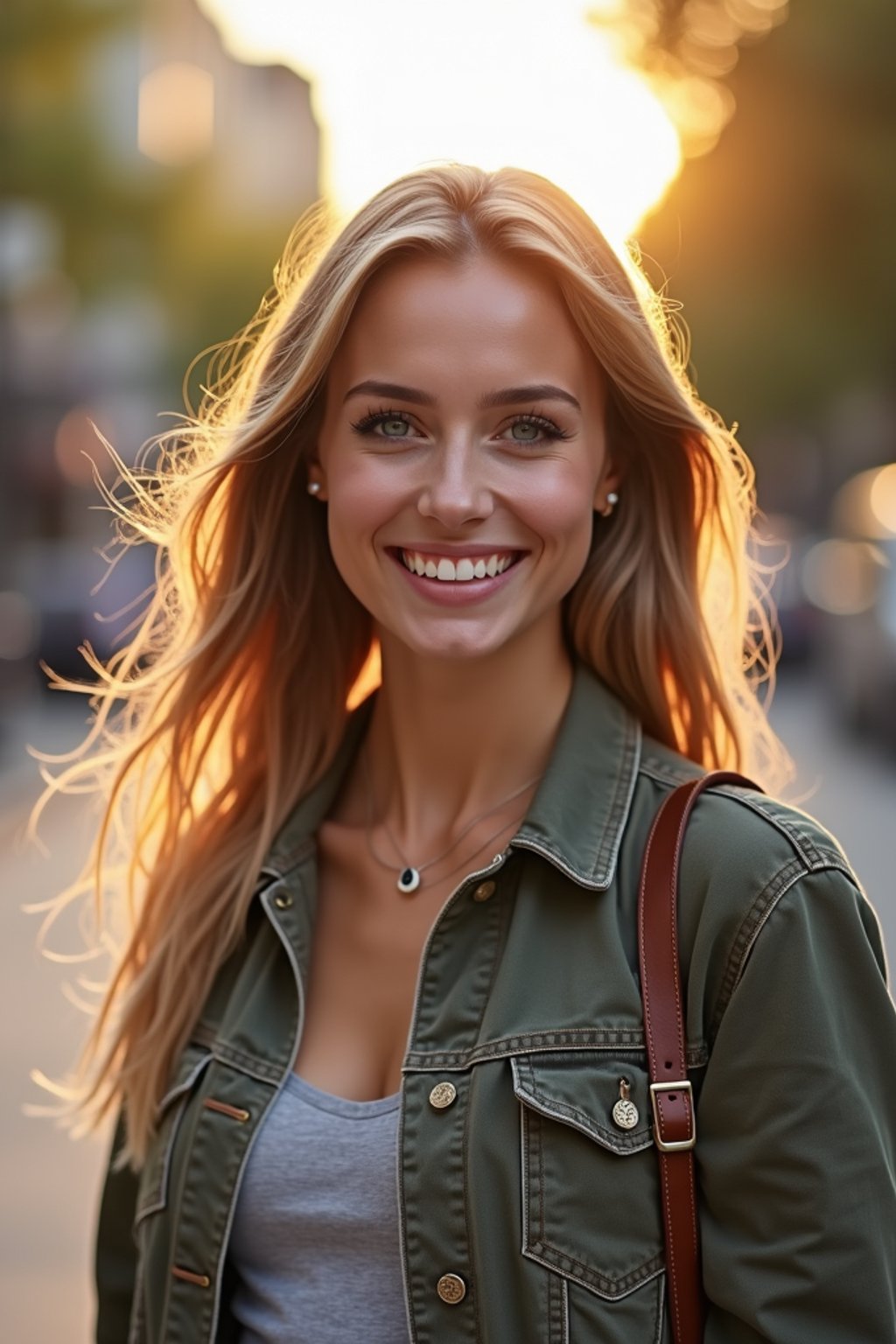 headshot of smiling woman wearing casual clothes posing for dating app headshot. outdoor blurry background. the lighting is warm, possibly from a setting sun, creating a soft glow around him, enhancing the casual and relaxed vibe of the image. the setting seems to be outdoors, likely in an urban environment, with the blurred background hinting at a street or park-like area. this image likely portrays a youthful, active, and approachable individual, possibly in a lifestyle or fashion-related context.