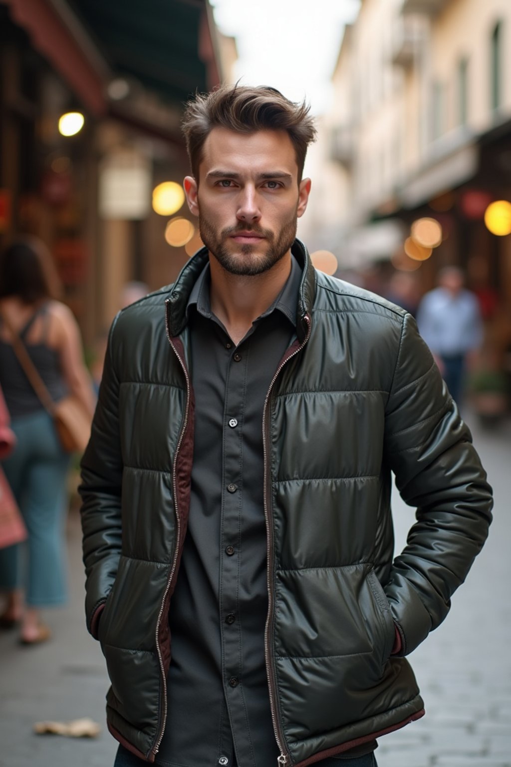 a stylish masculine  man exploring a street market