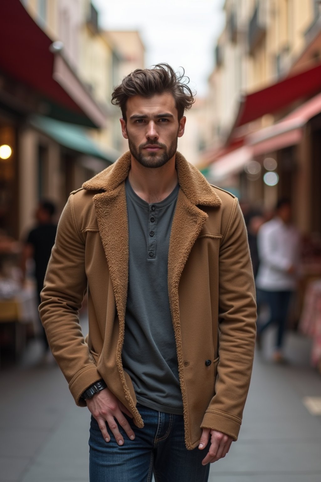 a stylish masculine  man exploring a street market