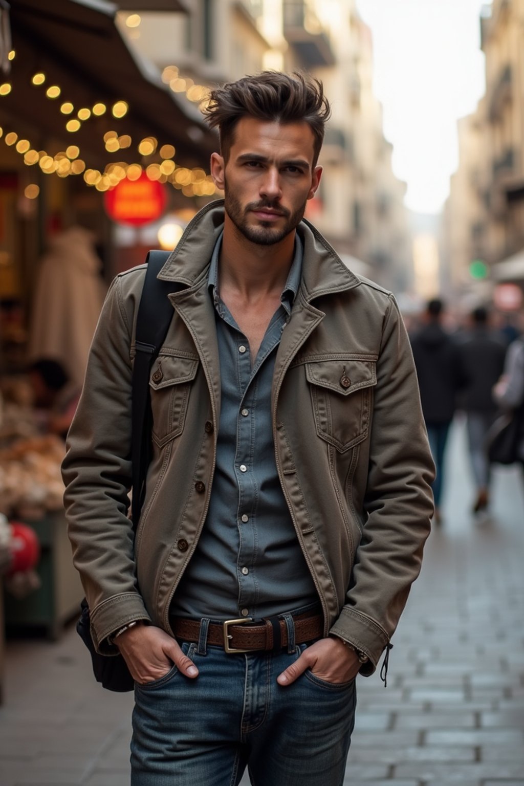 a stylish masculine  man exploring a street market