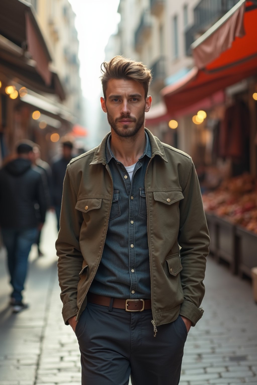 a stylish masculine  man exploring a street market