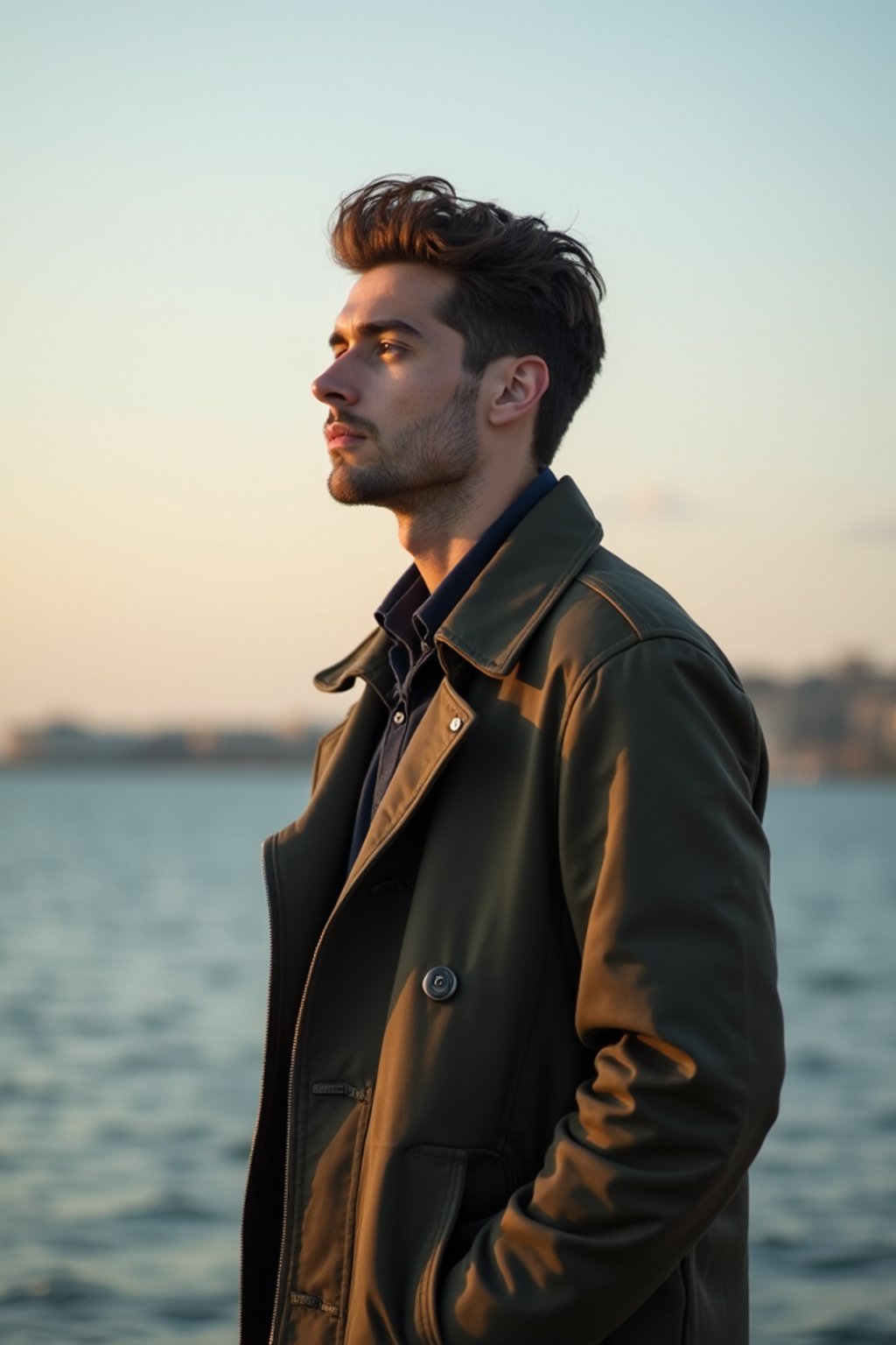 a captivating masculine  man enjoying a peaceful moment by the waterfront