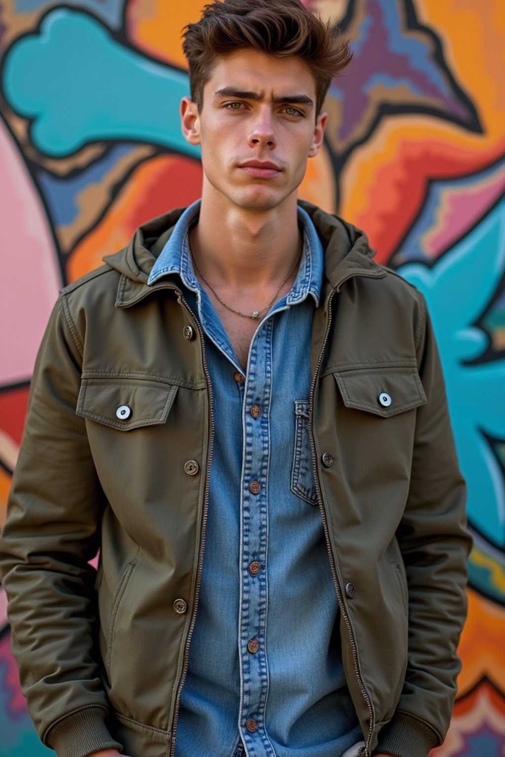 a fashionable masculine  man posing in front of street art