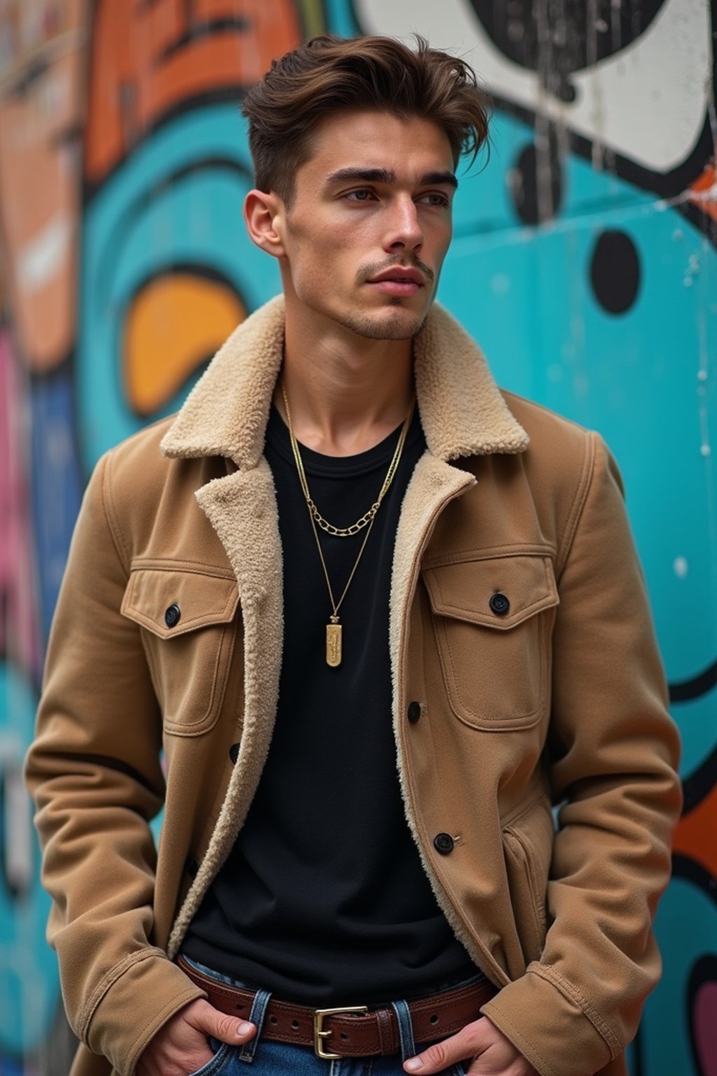 a fashionable masculine  man posing in front of street art