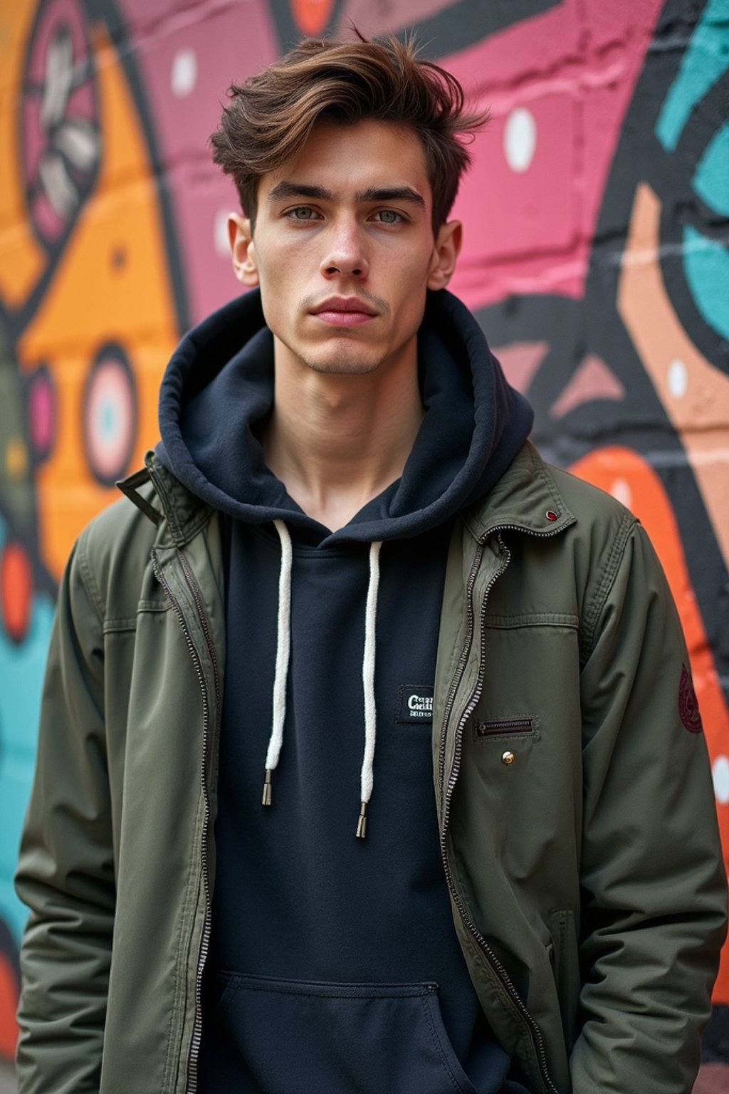 a fashionable masculine  man posing in front of street art