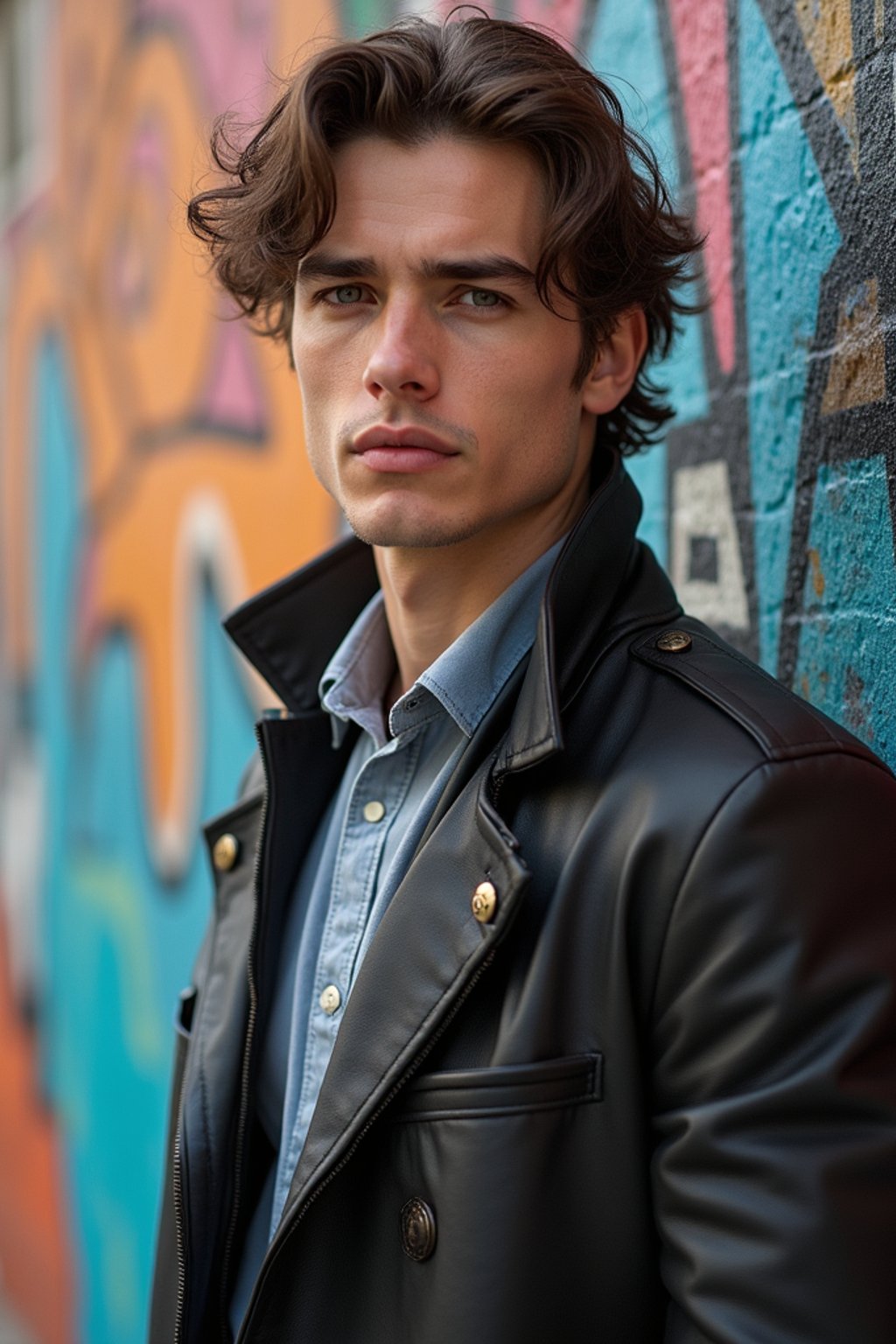 a fashionable masculine  man posing in front of street art