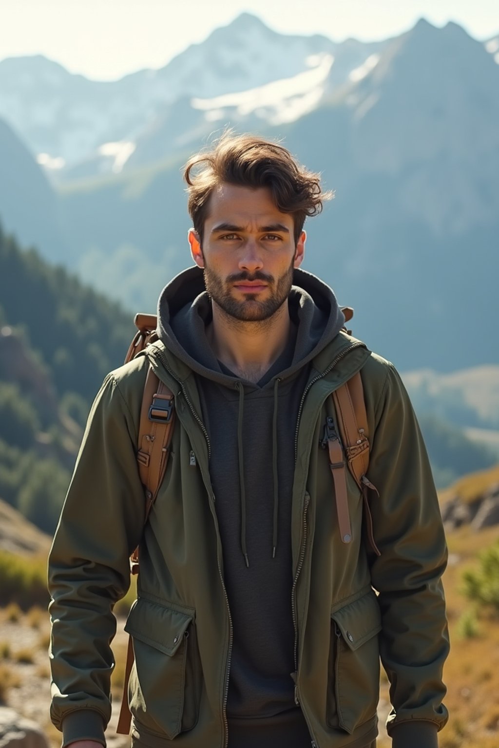 an adventurous masculine  man hiking in the mountains