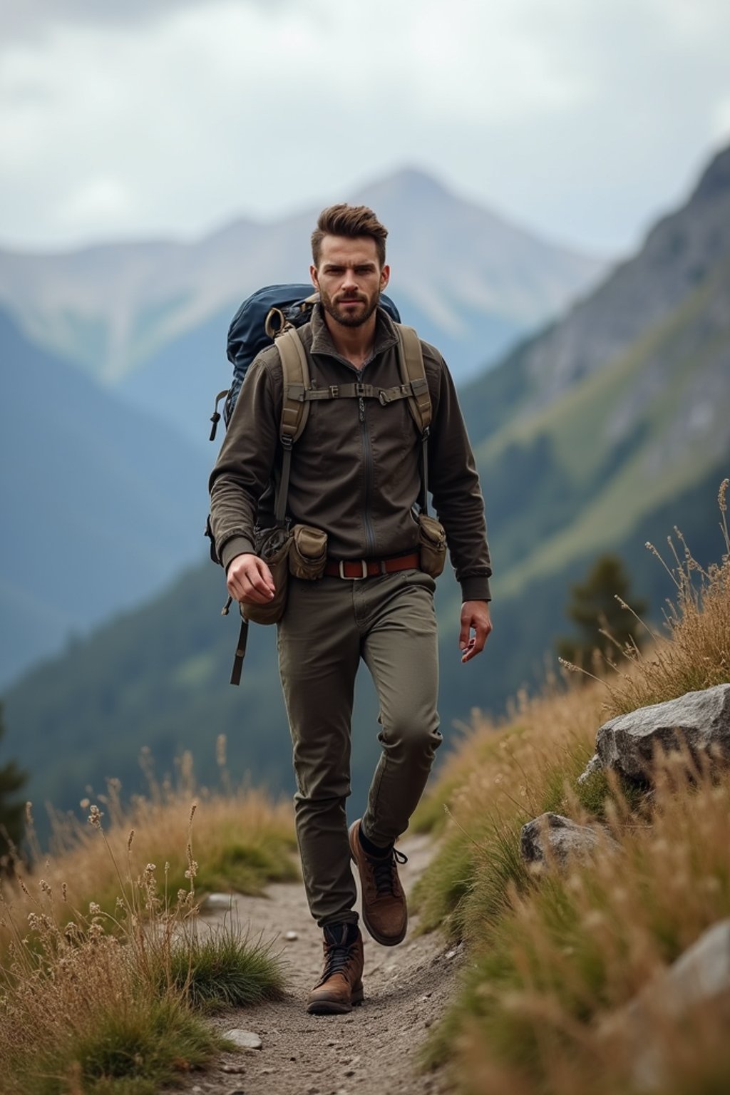 an adventurous masculine  man hiking in the mountains