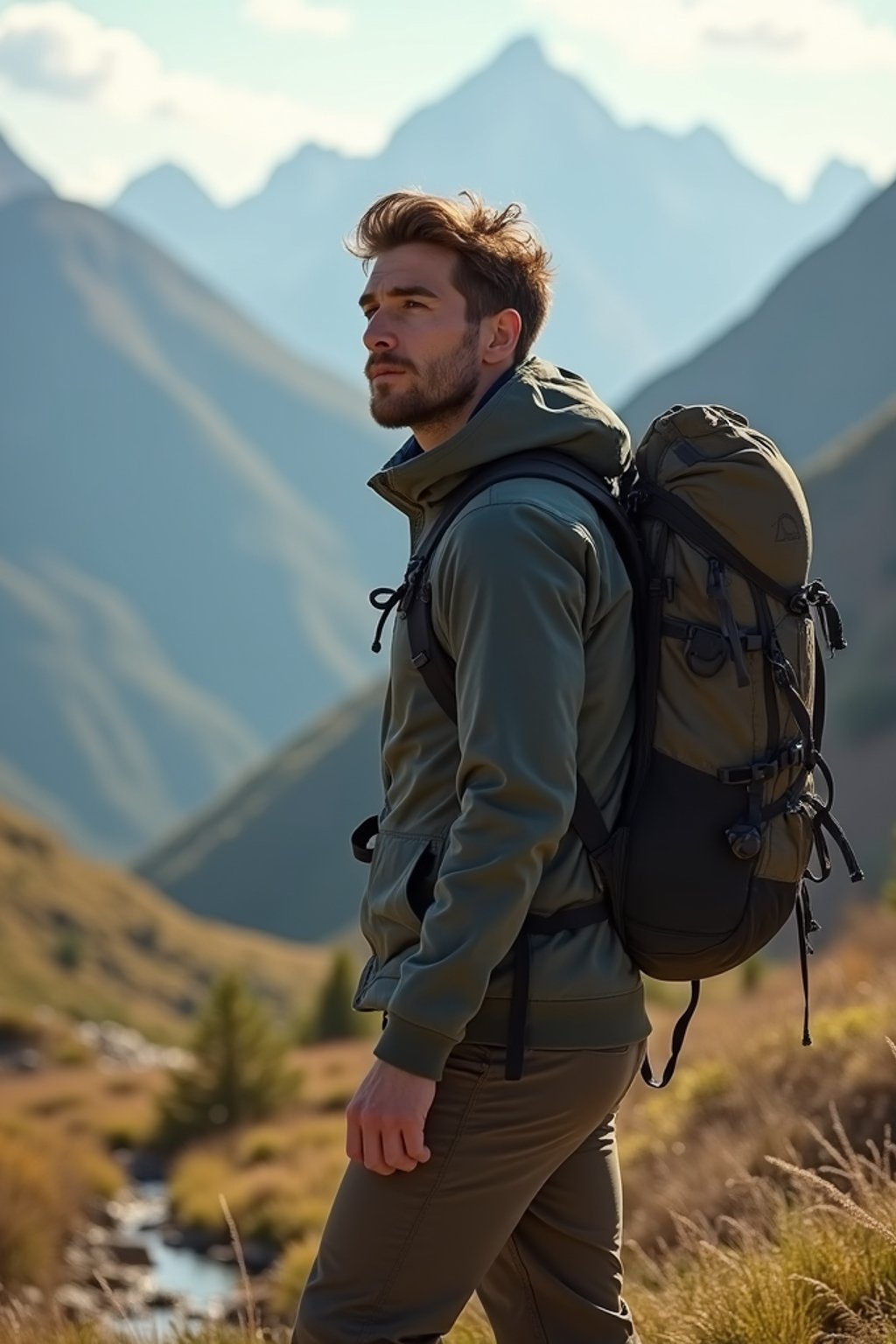 an adventurous masculine  man hiking in the mountains