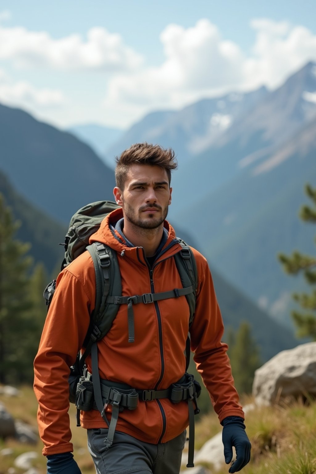 an adventurous masculine  man hiking in the mountains