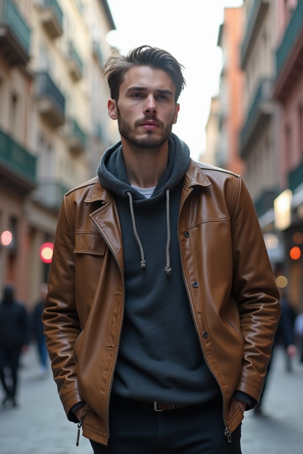 a confident masculine  man exploring a bustling city street