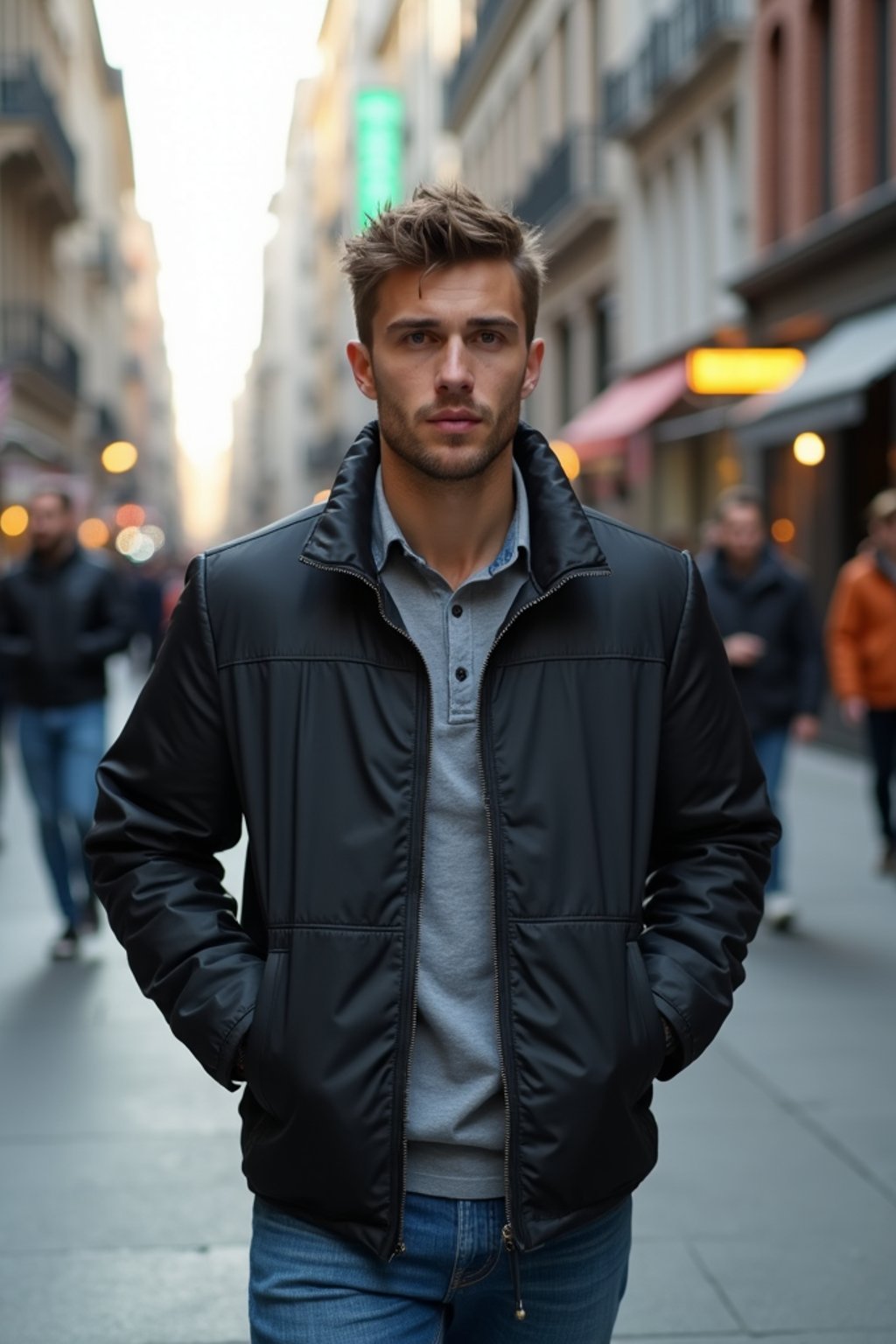 a confident masculine  man exploring a bustling city street