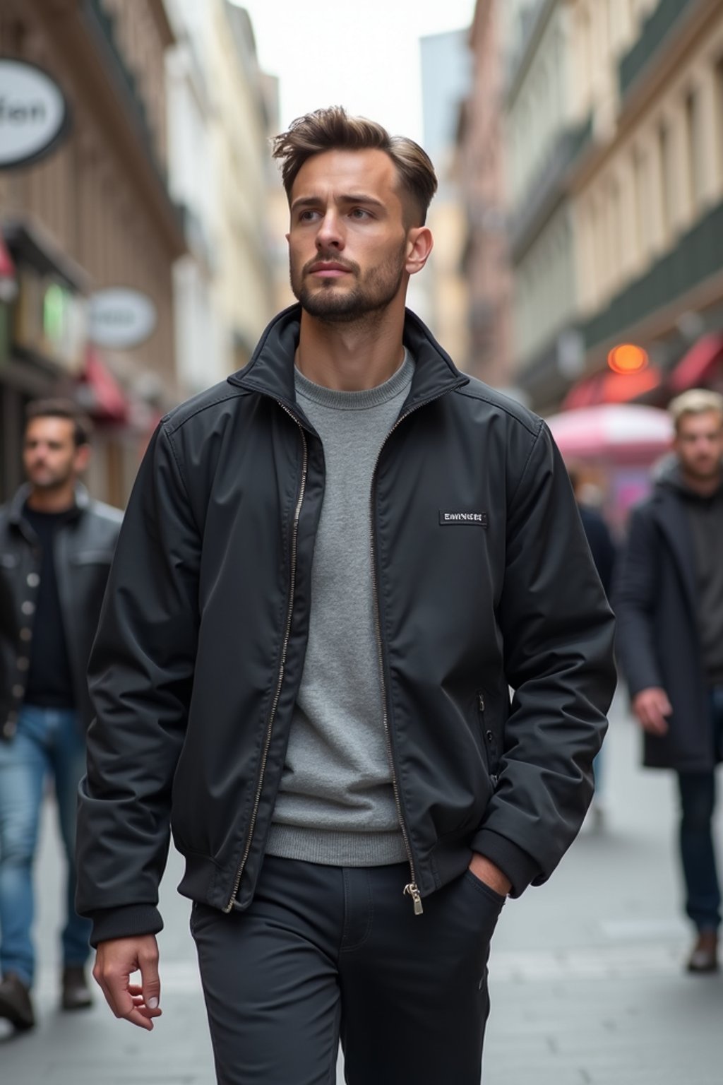 a confident masculine  man exploring a bustling city street