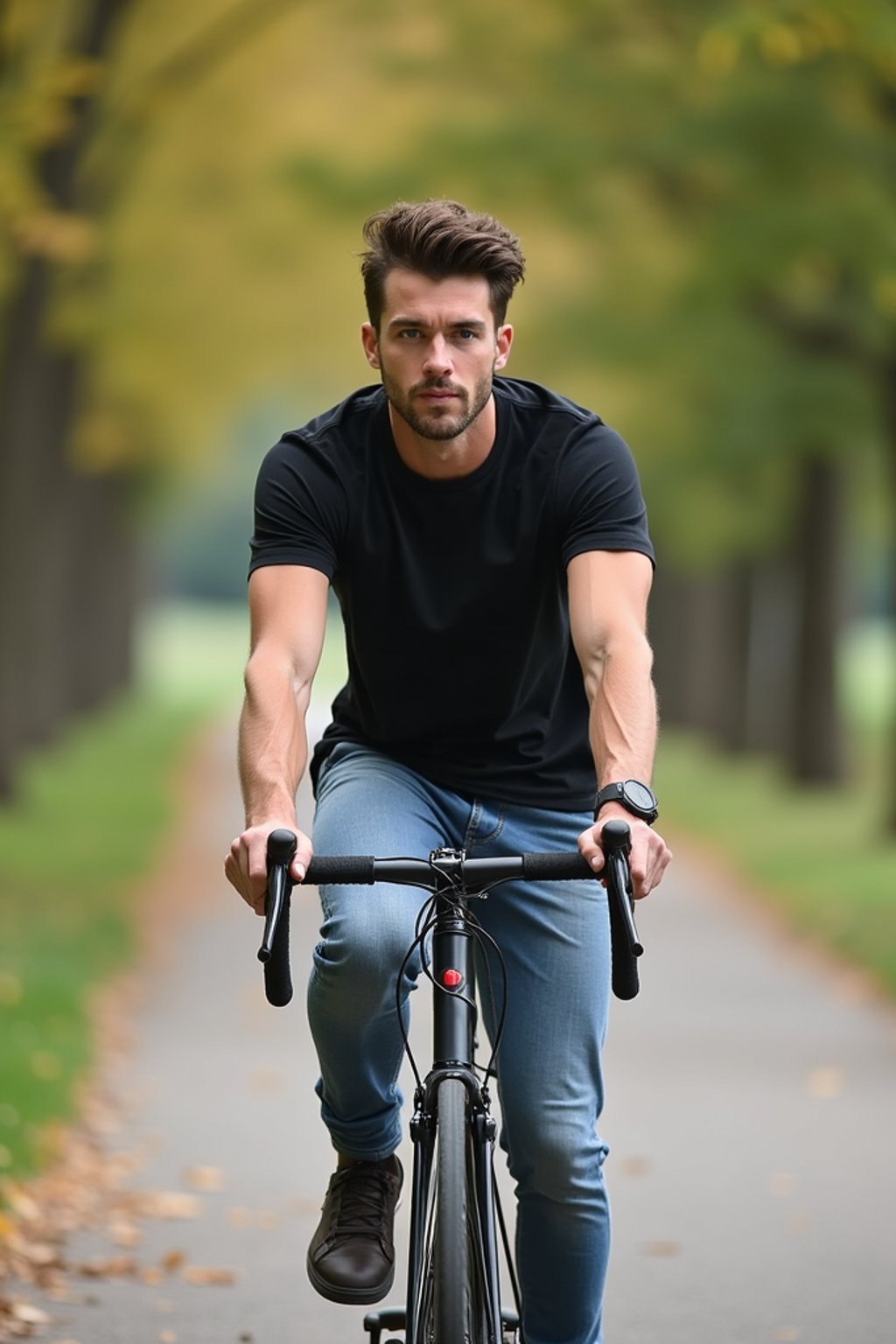 a stylish masculine  man enjoying a leisurely bike ride along a scenic path