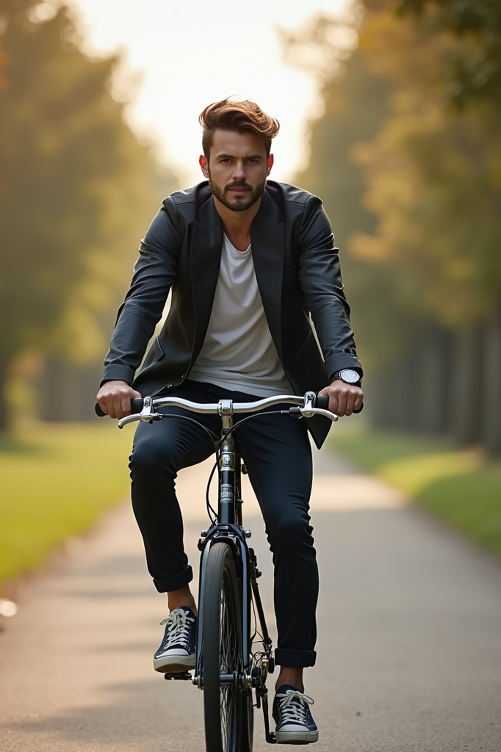 a stylish masculine  man enjoying a leisurely bike ride along a scenic path