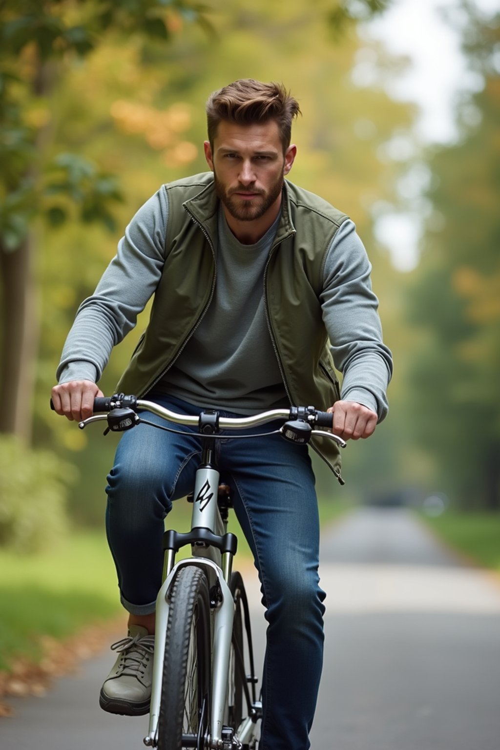 a stylish masculine  man enjoying a leisurely bike ride along a scenic path