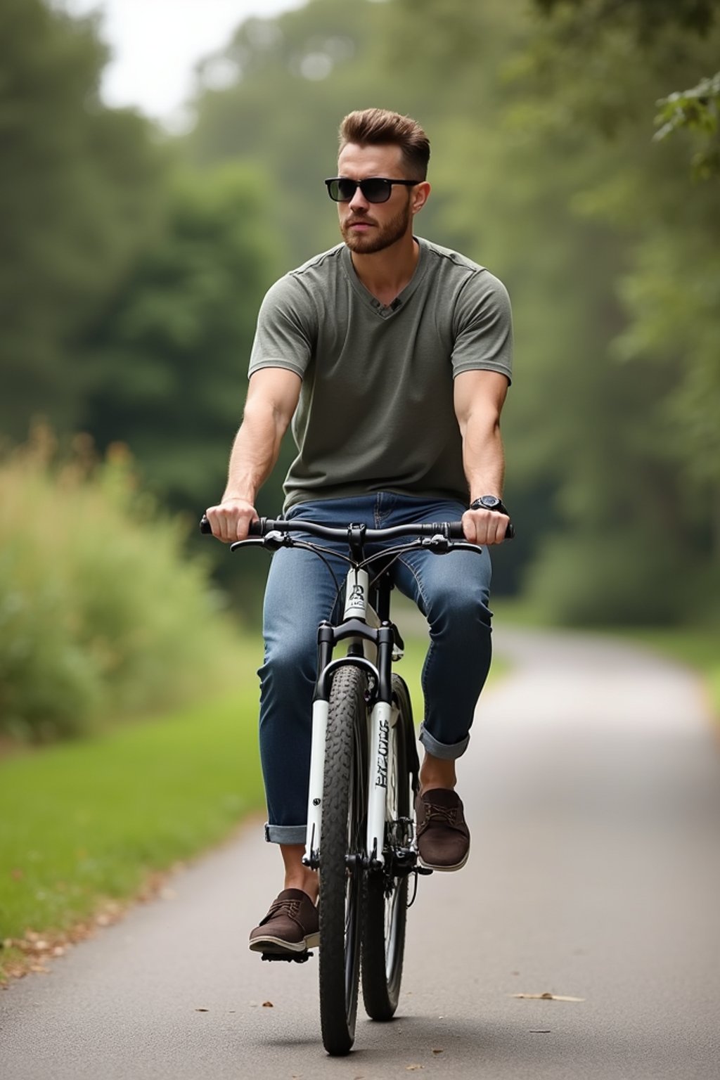 a stylish masculine  man enjoying a leisurely bike ride along a scenic path