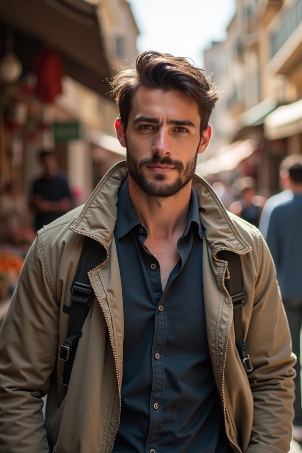 a charismatic masculine  man exploring a street market