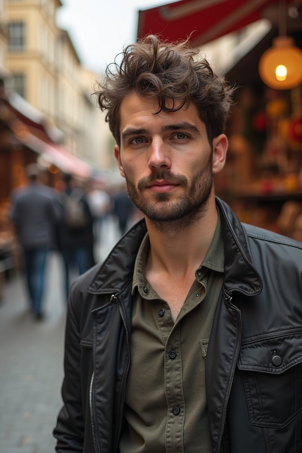 a charismatic masculine  man exploring a street market