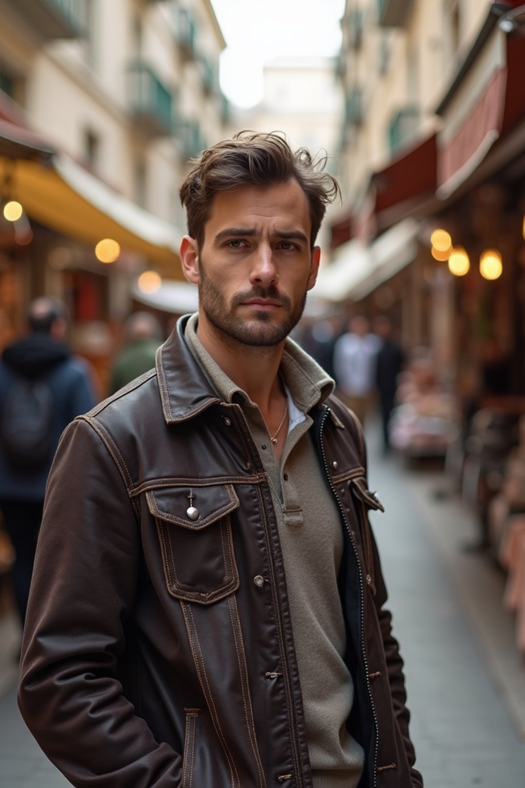 a charismatic masculine  man exploring a street market