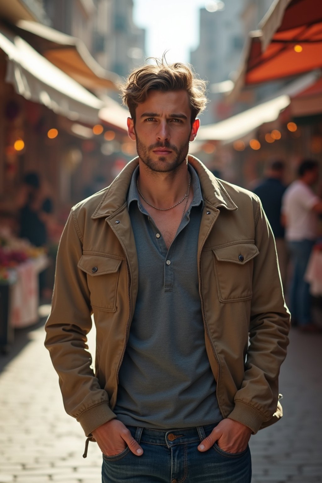 a charismatic masculine  man exploring a street market