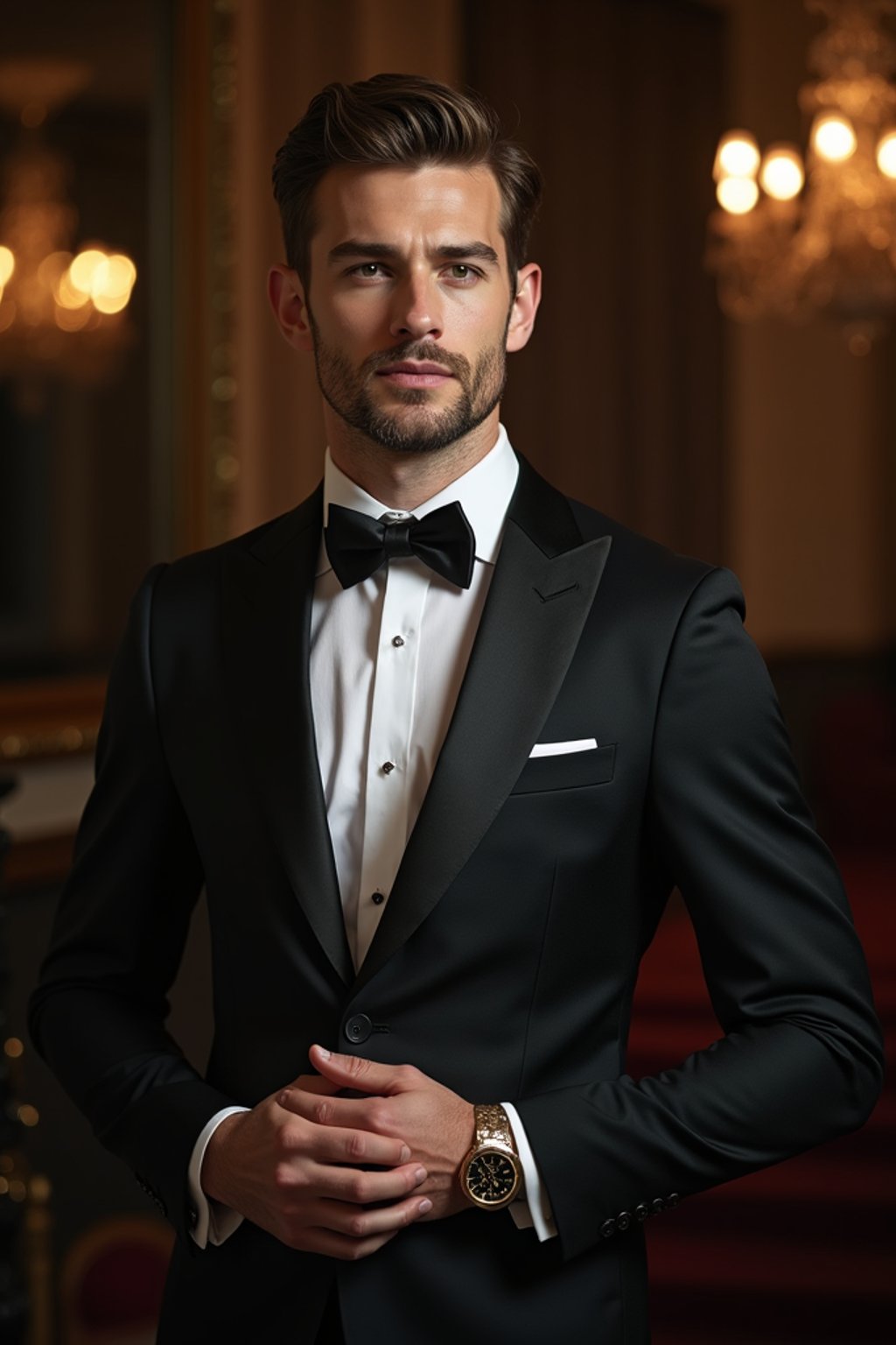 an alluring masculine  man dressed in elegant evening wear