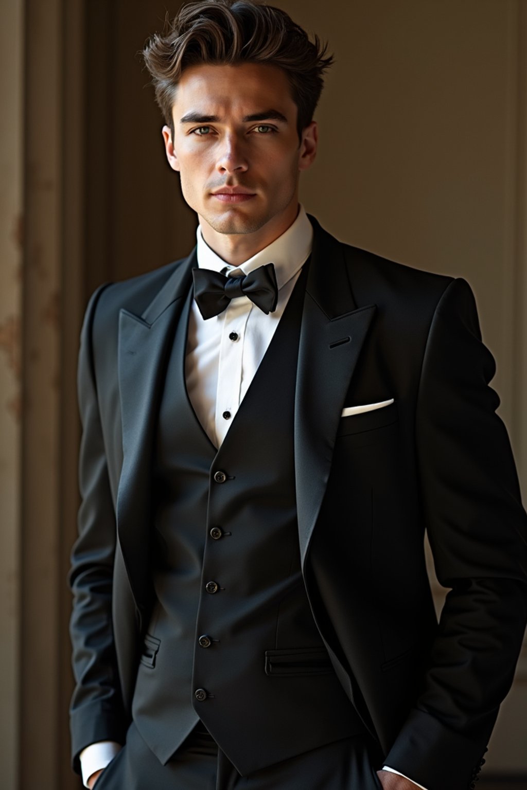 an alluring masculine  man dressed in elegant evening wear