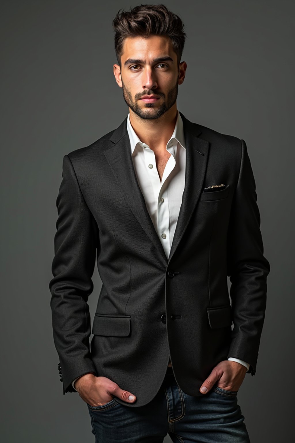 a confident masculine  man dressed in stylish attire