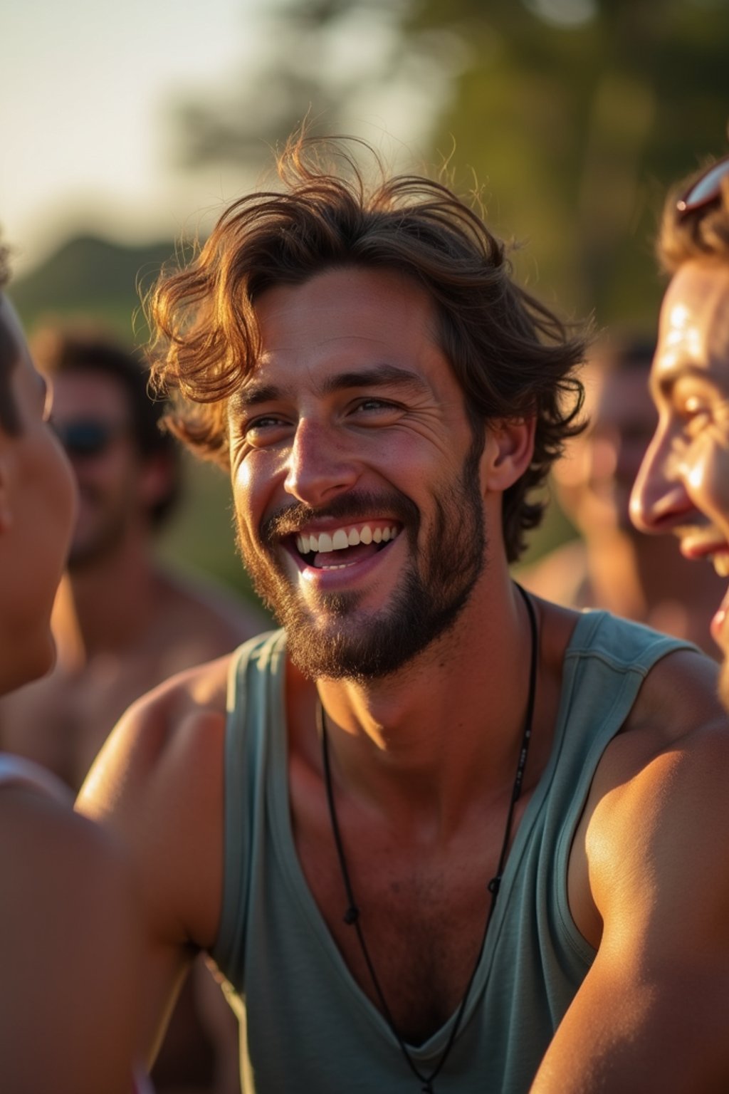 masculine  man laughing and hanging out with friends