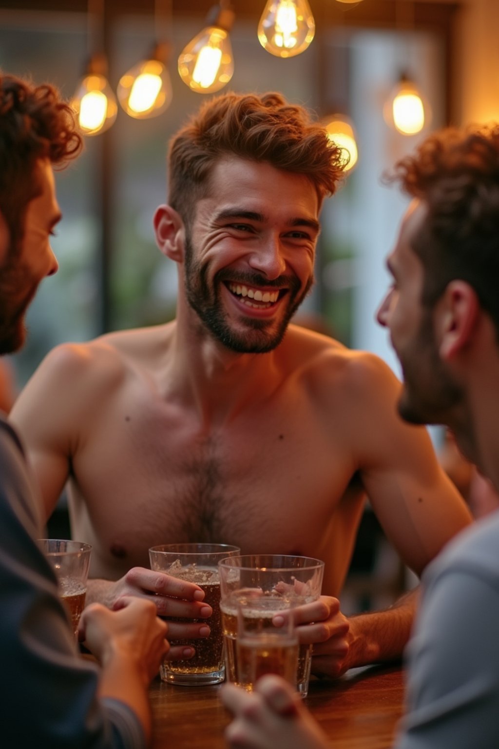 masculine  man laughing and hanging out with friends