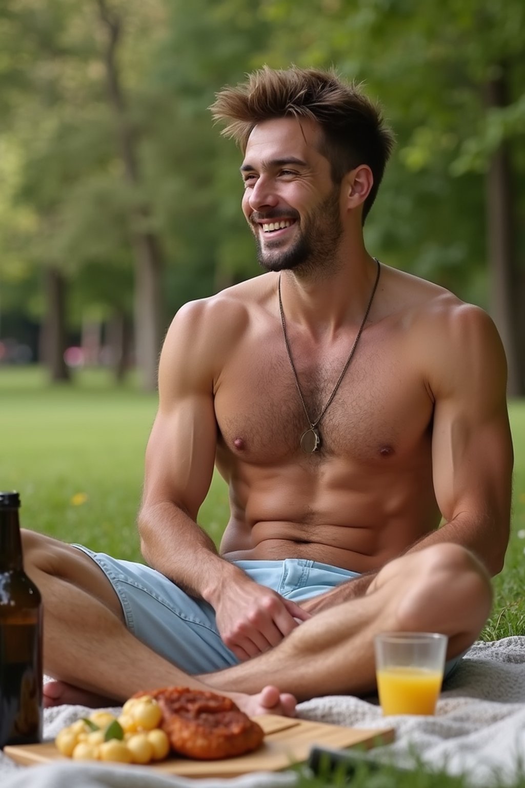 masculine  man having a fun outdoor picnic