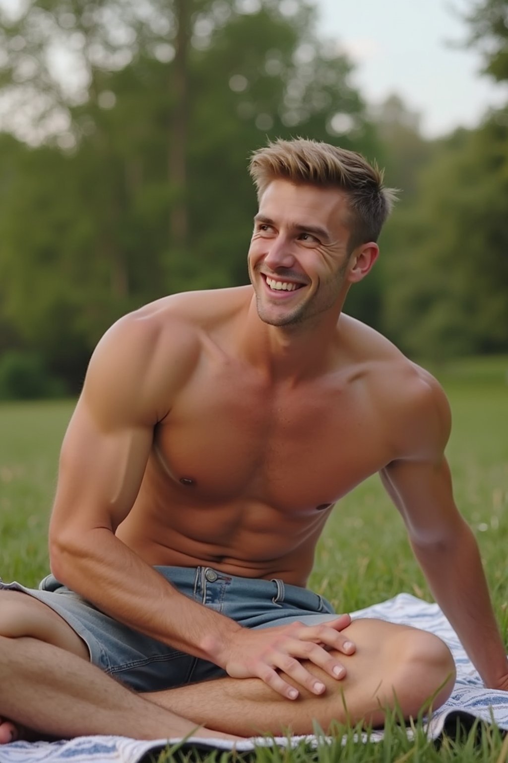 masculine  man having a fun outdoor picnic