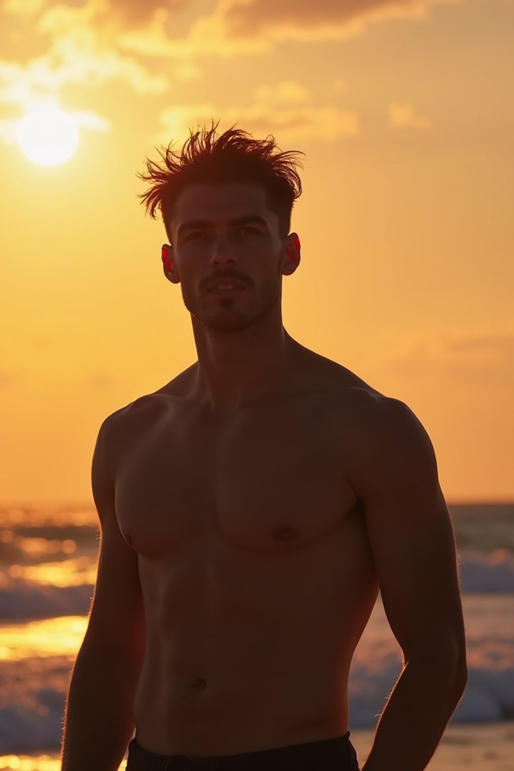 masculine  man enjoying a sunset at a beach or park