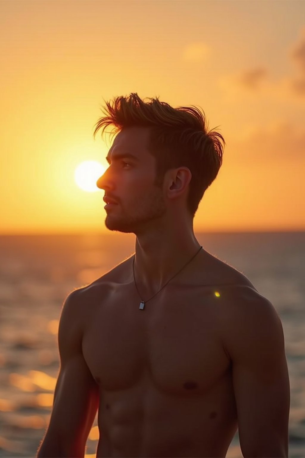 masculine  man enjoying a sunset at a beach or park