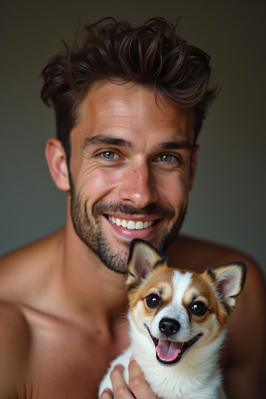 masculine  man posing with a cute pet