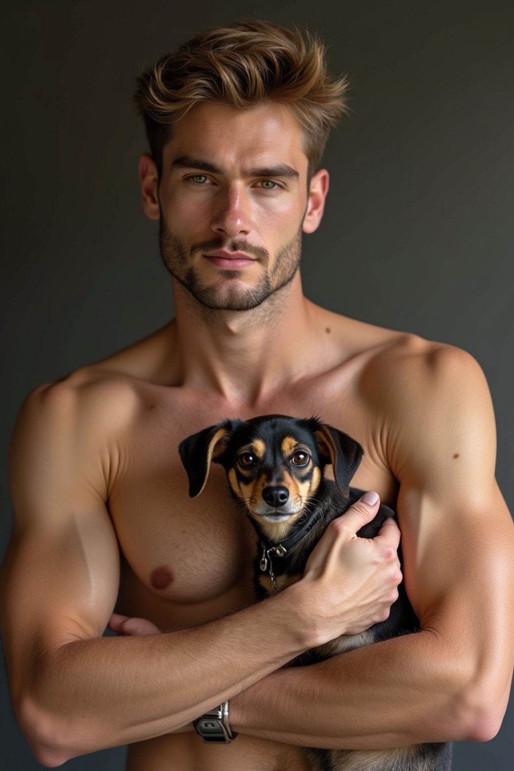 masculine  man posing with a cute pet