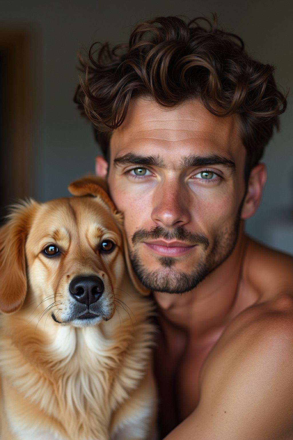 masculine  man posing with a cute pet