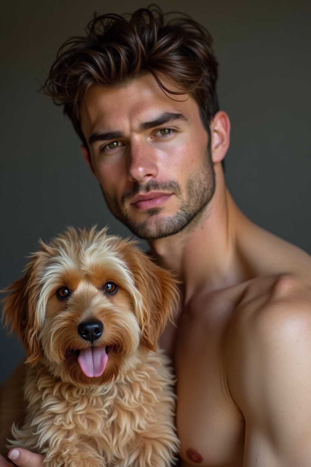 masculine  man posing with a cute pet